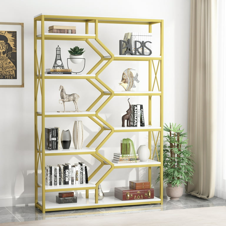 Ivinta Corner Bookshelf with Storage, Wall Mount Pipe Open Shelves, White Corner Shelf Stand, Gold Metal Bookcase, Modern Shelf Organizer Display