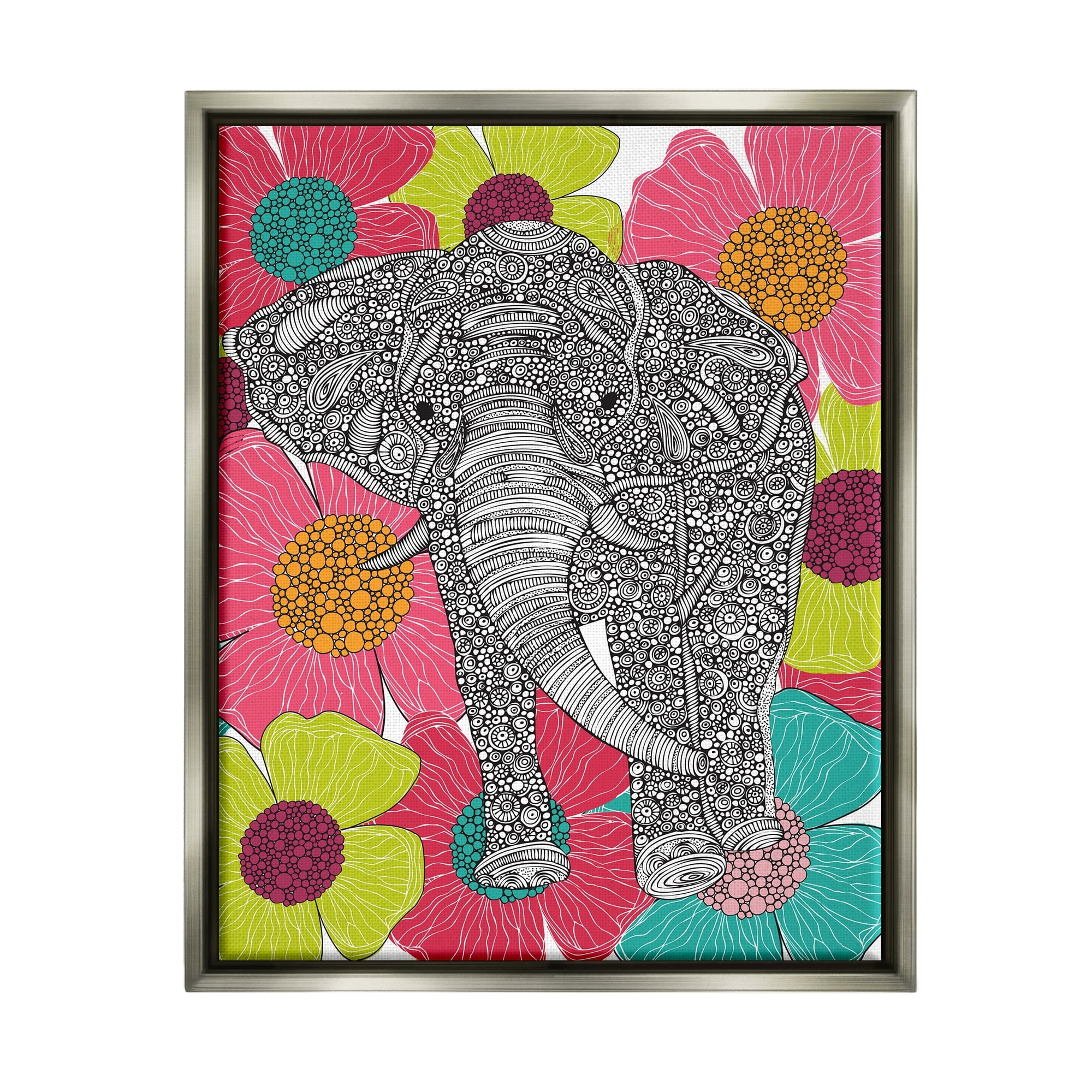 Stupell Industries Bold Modern Elephant Flower Blossoms Intricate Patterns Graphic Art Luster Gray Floating Framed Canvas Print Wall Art, Design by Valentina Harper