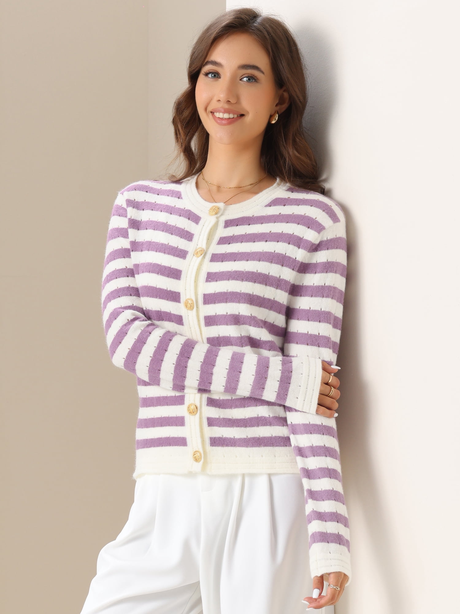 DARING DIVA Women's Striped Button Down Open Front Cardigan Sweater M White Purple