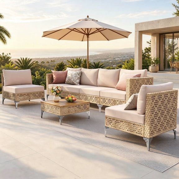SUMMIT LIVING 4-Piece Outdoor Patio Conversation Set-All-Weather Rattan 4-Seat Sofa & 2 Armless Chairs with Washable Cushions & Acacia Wood Top Coffee Table for Porch & Balcony, Beige