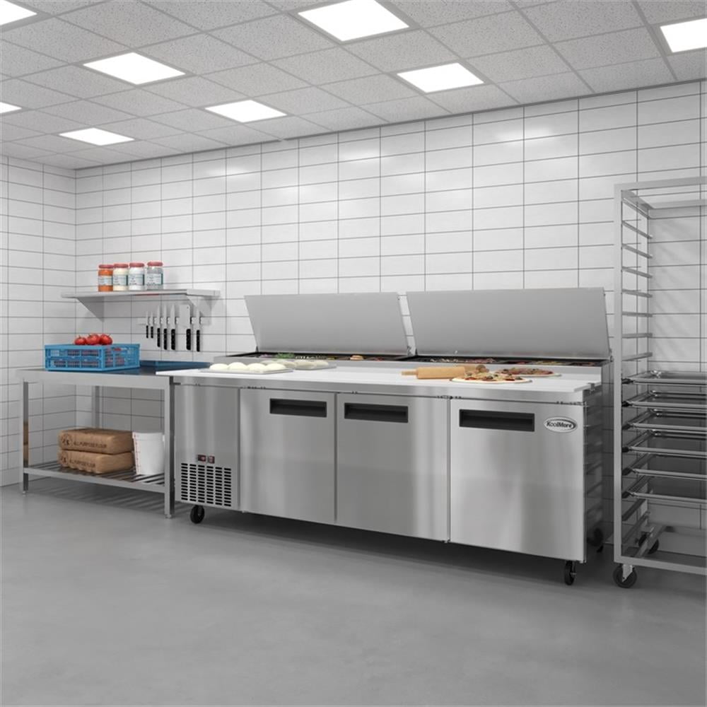 Pemberly Row Silver 92" 3 Door Commercial Pizza Prep Refrigerator in Steel