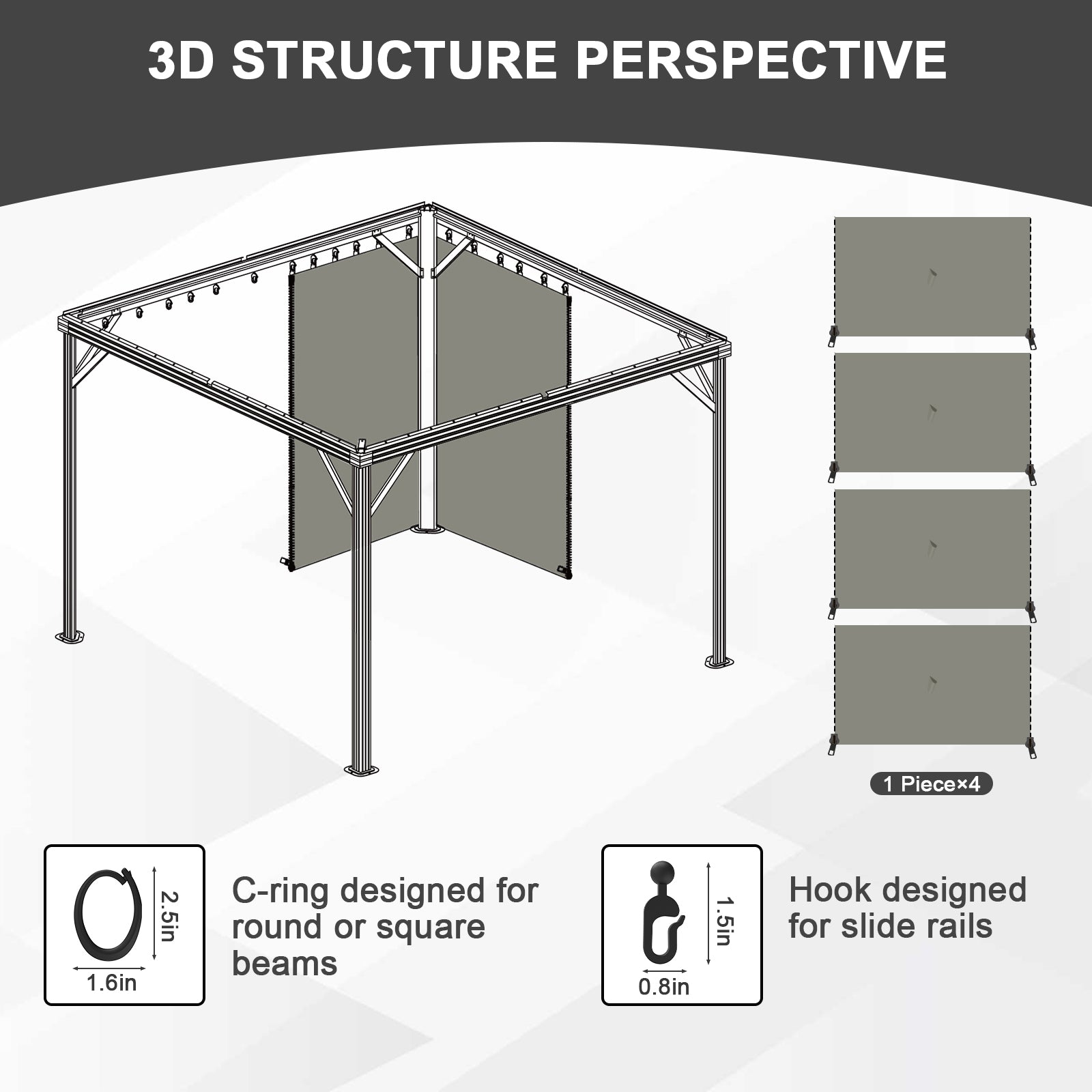 Aoodor 10' x 13' Gazebo Curtain Set Protecting Privacy Side Walls 4 Panels, Curtain Only - Grey