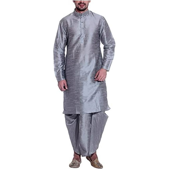 Royal Men's Silk Blend Dhoti & Kurta Set_Silver