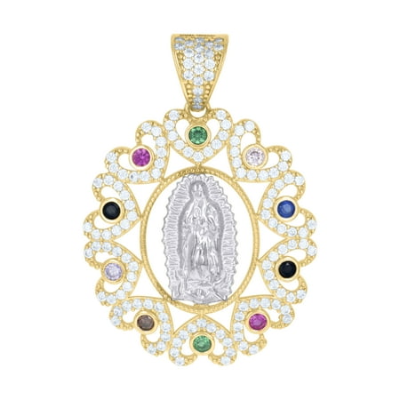 10k Two-tone Gold Womens Multi-color Cubic-Zirconia Oval Medallion Guadalupe Religious Charm Pendant