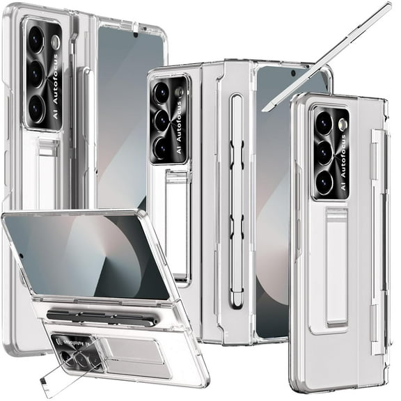 Dteck for Samsung Galaxy Z Fold 6 Case with S Pen Holder & Stylus, Screen Protector Hinge Cover for Z Fold 6 Case with Kickstand, Electroplated PC Transparent Cover for Galaxy Z Fold6 Phone,Clear