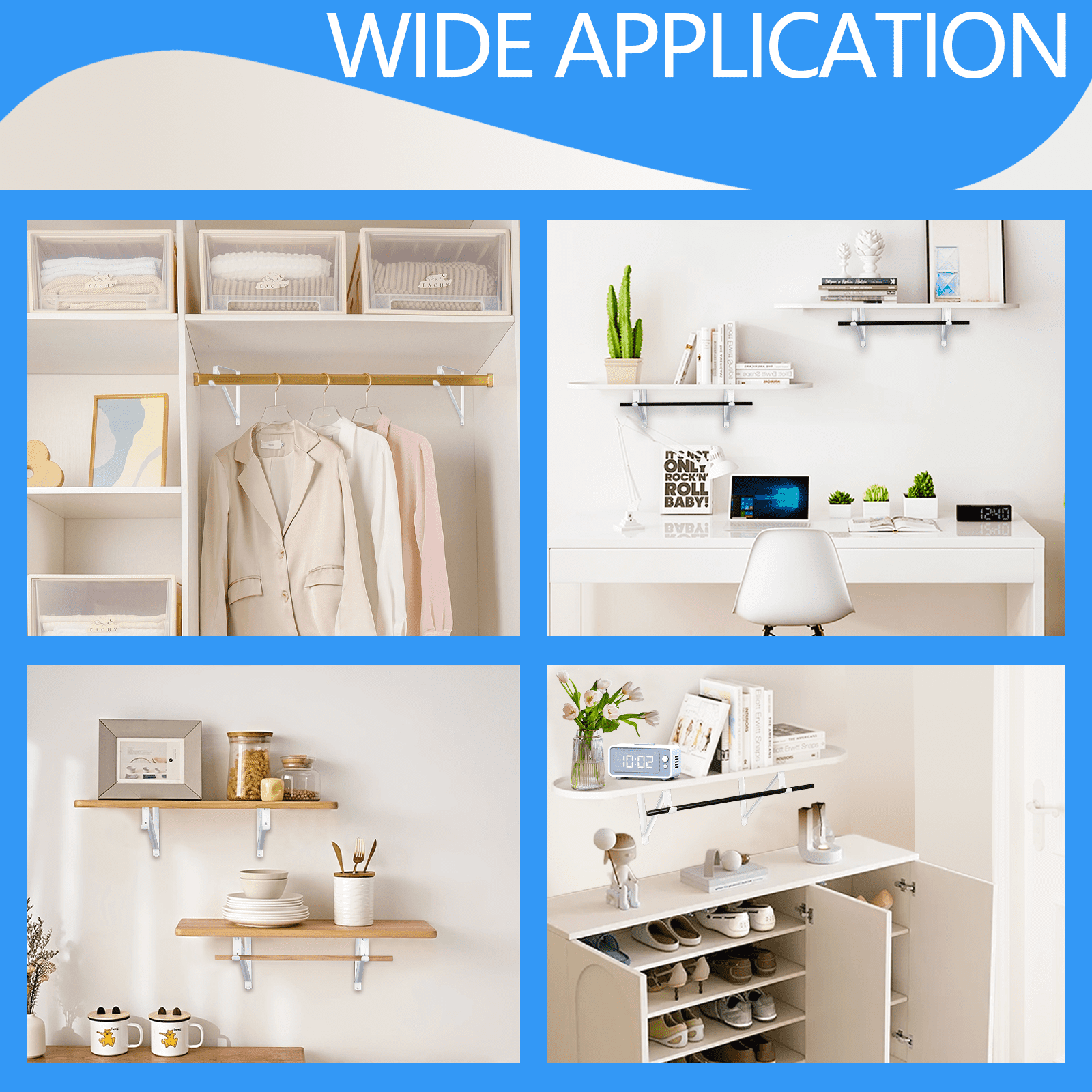 WellMade Heavy Duty Closet Rod Brackets 4 Pack, Wall Mounted Shelf Bracket with Rod Shelving Support, White