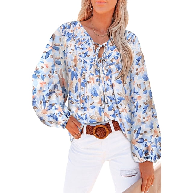 Blusa tipo túnica con lazo informal, cuello en V, manga larga, estampado floral, Top con volantes para mujer, otoño y primavera