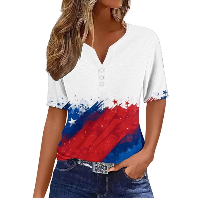 Mujeres Manga Corta de Verano Tops Día de la Independencia Impreso Cuello en V Casual Top, Imitación de Algodón Camisa Marco para las Mujeres, Lavado de Manos Primavera Y Verano