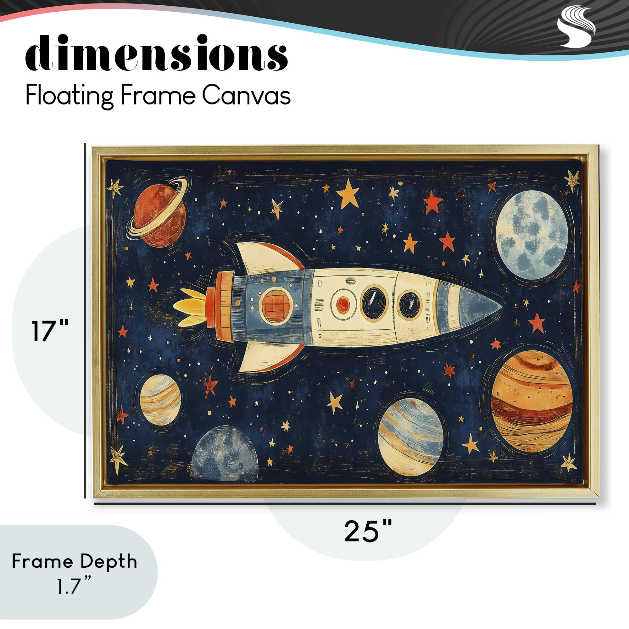 Stupell Industries Retro Rocket & Planets Gold Framed Floater Canvas Wall Art, design by Creative Studio