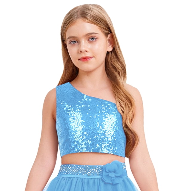TiaoBug Hauts Sans Manches à Paillettes pour Filles pour Fête Crop Top Danse Bleu 12