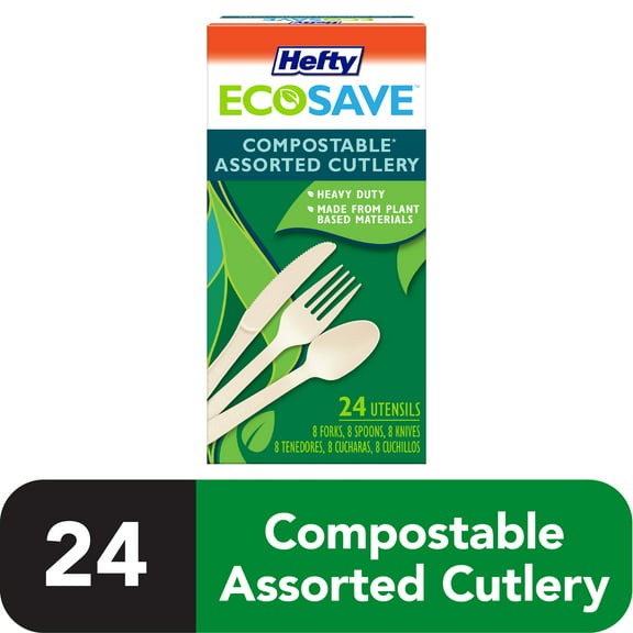 Hefty ECOSAVE Heavy Duty Assorted Cutlery, White, 24 Count