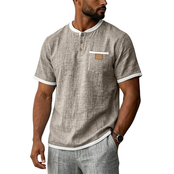 Cotton Linen Shirts for Men Short Sleeve Collarless Button Henley Shirt Casual Beach Oversized T-Shirts with Pockets,Light Brown,3XL