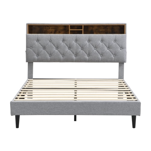 Queen-Size Upholstered Platform Bed Frame with a Modern Button-Tufted Linen Fabric Headboard,USB Ports,Convenient Charging Station,two side-mounted pockets,not require a box spring,Light Grey