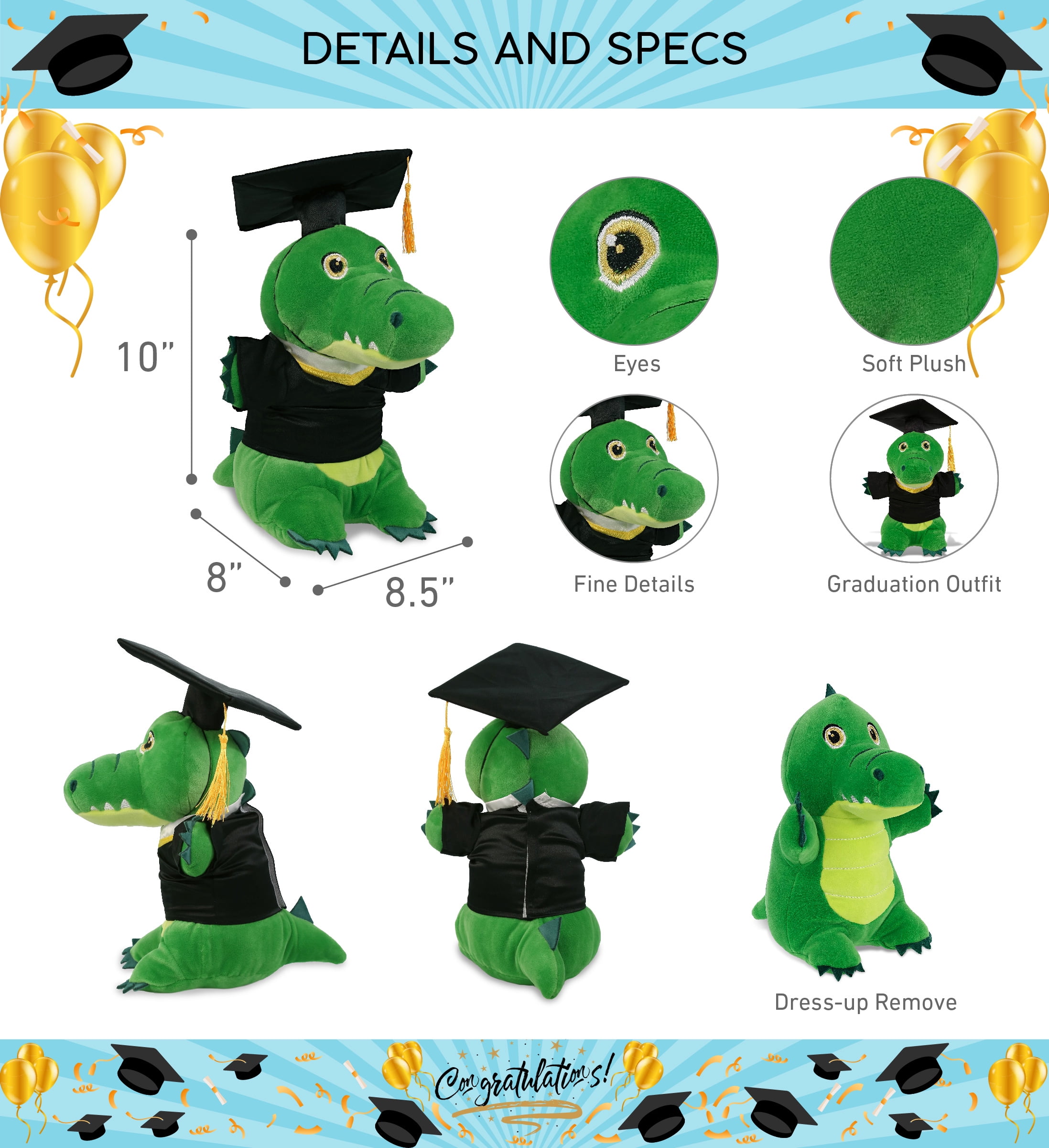 DolliBu Standing Alligator Graduation Plush Toy - Snug-Mooshies Gator Plush Graduation Stuffed Animal Dress Up with Graduation Gown and Cap with Tassel Outfit - Congratulatory Graduation Gift - 7 Inch