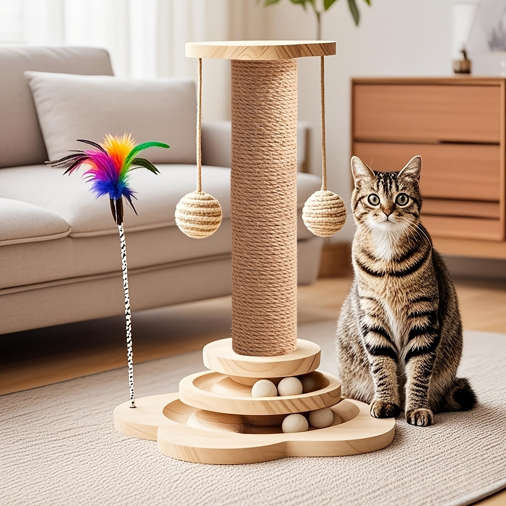 4-in-1 Indoor Cat Activity Center, Wooden Scratching Post 15.7" with Horizontal Ball Tracks, Feather Toy & Sisal Suspension Balls – Kitten & Adult Cat Toy