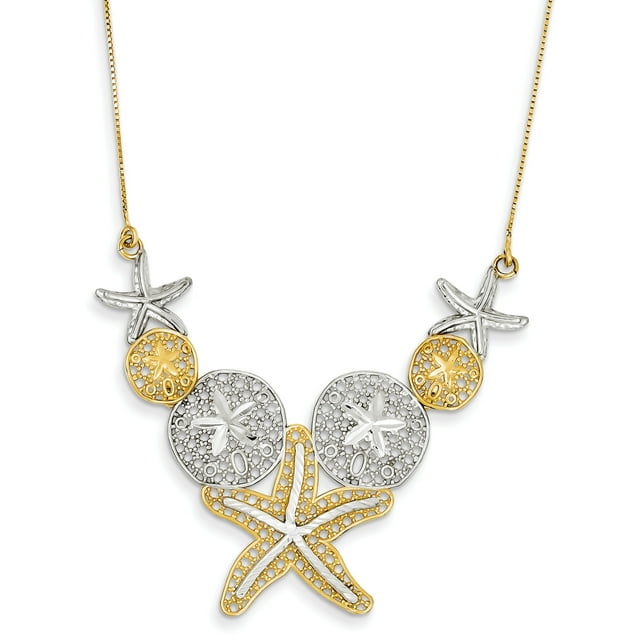 14K Rhodium Plated Yellow Gold & Rhodium Diamond Cut Sea Life Necklace 18 Inch