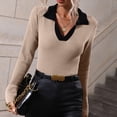 thumbnail image 2 of Suéter de manga acampanada para mujer, elegante, ajustado, con cuello en V, cuello vuelto, jersey de punto acanalado, camisa para el trabajo, 2 of 8