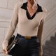 thumbnail image 2 of Suéter de manga acampanada para mujer, elegante, ajustado, con cuello en V, cuello vuelto, jersey de punto acanalado, camisa para el trabajo, color caqui XL, 2 of 8