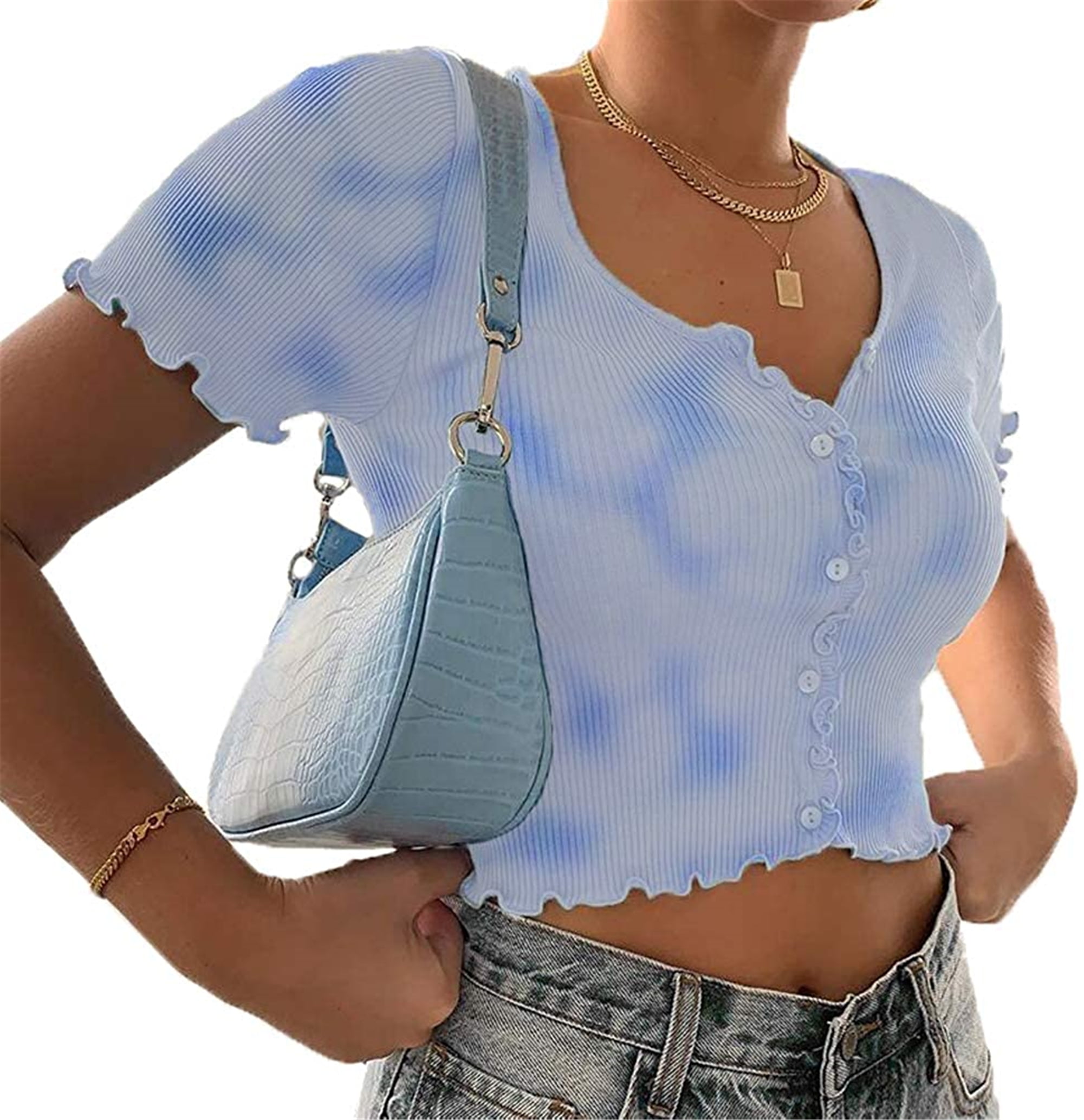 JBEELATE Women Ruffle Crop Top Tshirt Vneck Short Sleeve Buttons Silm