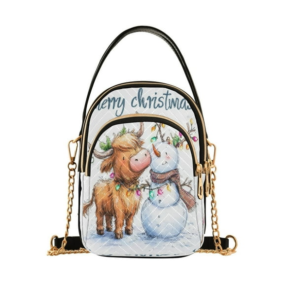 Leather Handbag Crossbody Bag Highland Cow and Snowman