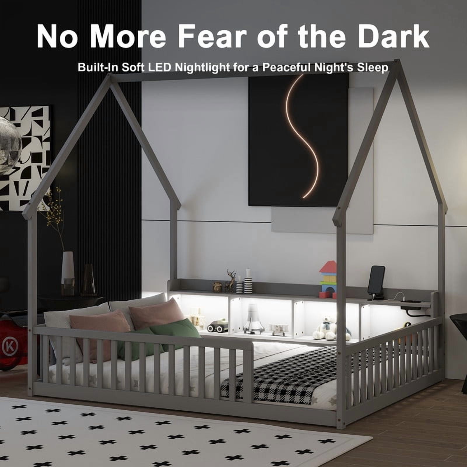 Full Size House-Shaped Canopy Bed with Roof, Wood Kid's Floor Bed Frame with Storage Shelves, LED Lights & Charging Station
