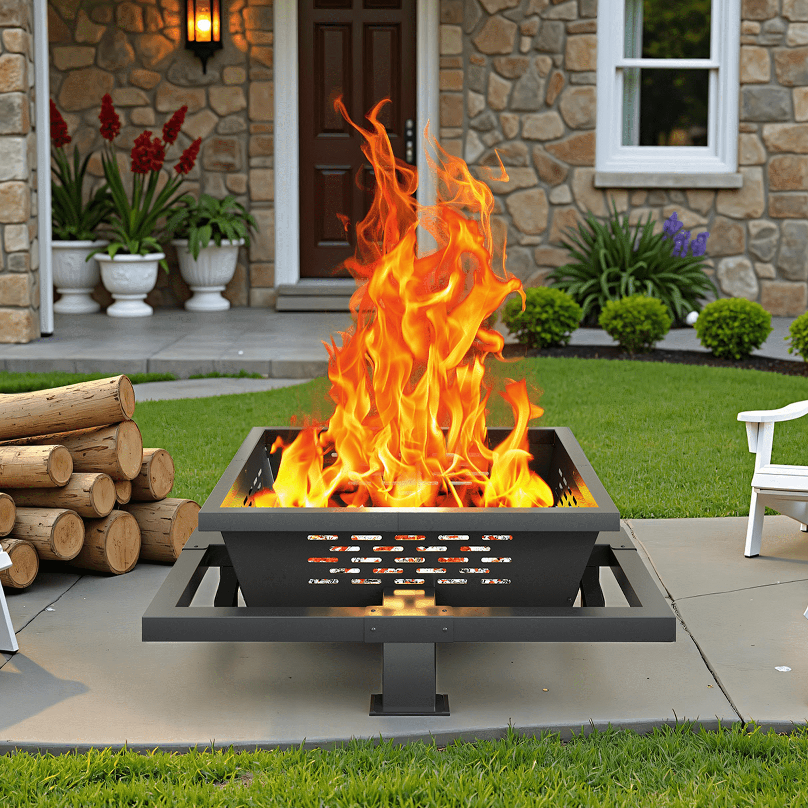 Auhilence 36" Fire Pit for Outside, Square Outdoor Wood Burning Firepit with Poker, Heavy Duty Fire Pit for Camping, Backyard, Patio, Black