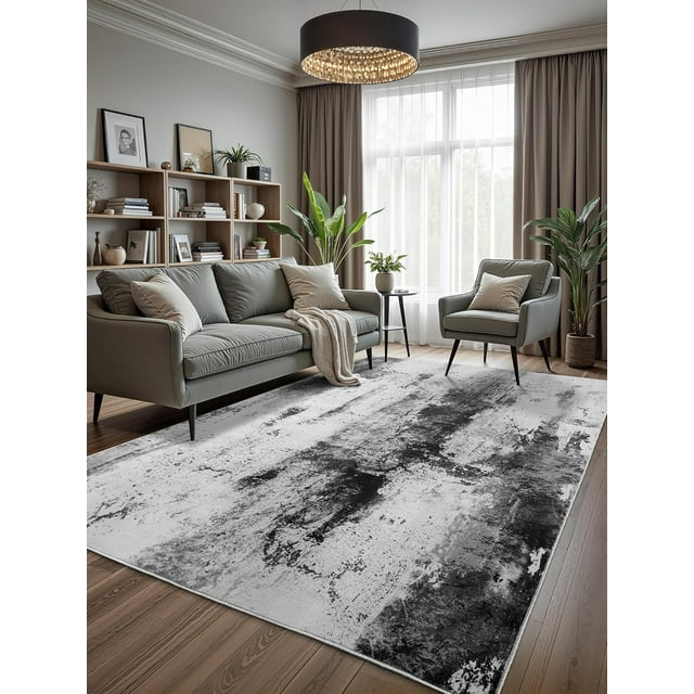 Macgace Modern Abstract Rugs for Living Room, 6'x9' Machine Washable Area Rug with Non Slip Backing for Bedroom, Soft Floor Covering Contemporary Carpet for Dining Room Kitchen Home Office, Gray