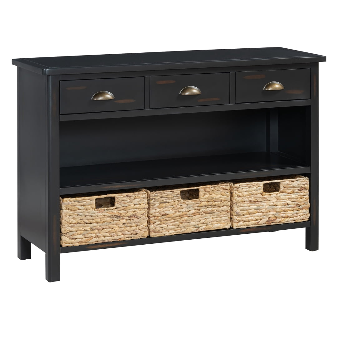 47" Retro Console Table with 3 Storage Drawers, Entryway Table with 3 Water Hyacinth Woven Baskets and Shelf, Wooden Buffet Cabinet for Entryway Hallway Living Room, Espresso