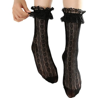 Jgppe Womens Lace Ruffle Socks Cute Hollow out Mid Length Stretch Mesh Trim Socks for Ladies