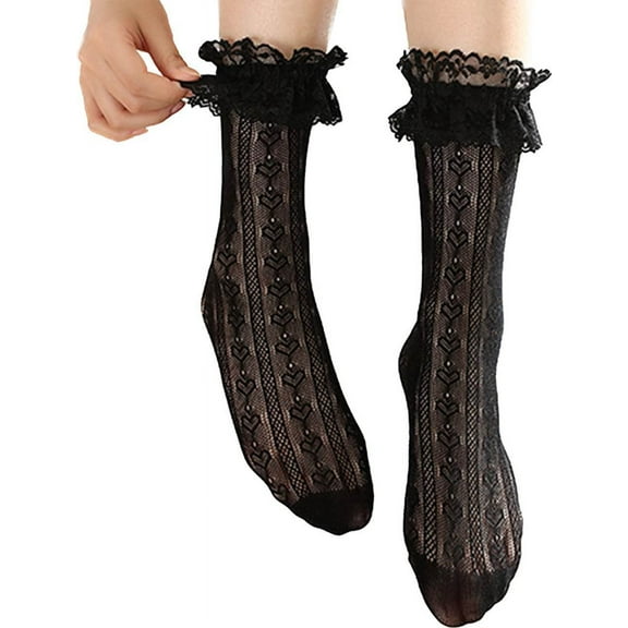 Jgppe Womens Lace Ruffle Socks Cute Hollow out Mid Length Stretch Mesh Trim Socks for Ladies