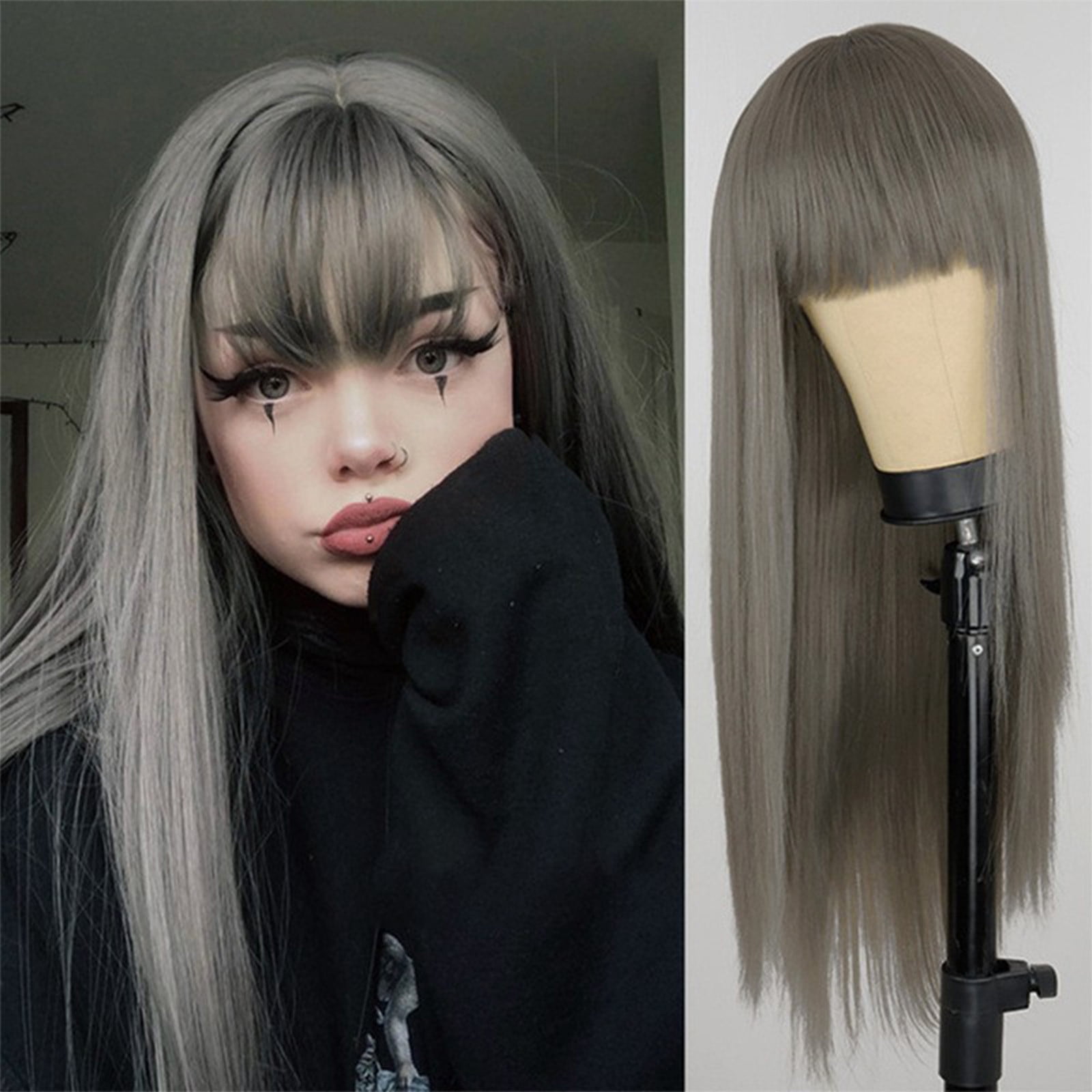 YSGFHGJW Wigs for Black Women,Long Straight Wig With Bangs Hair Wig For Women Synthetic Natural Wig ,Various Colors Available,Daily Wear Party And Cosplay Soft Wig,Gray