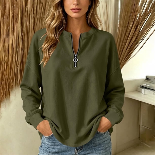Neewe Women's Plain Long Sleeve Top Fall 1/4 Zipper Tops Loose Ladies Casual Fashionable Top Pullover
