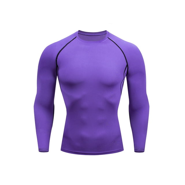 LUXUR Chemises de Compression pour Hommes Couleur Unie Hauts d'Été Manches Longues T-shirt de Sport T-shirt Décontracté Col Rond T-shirt Muscle Violet L