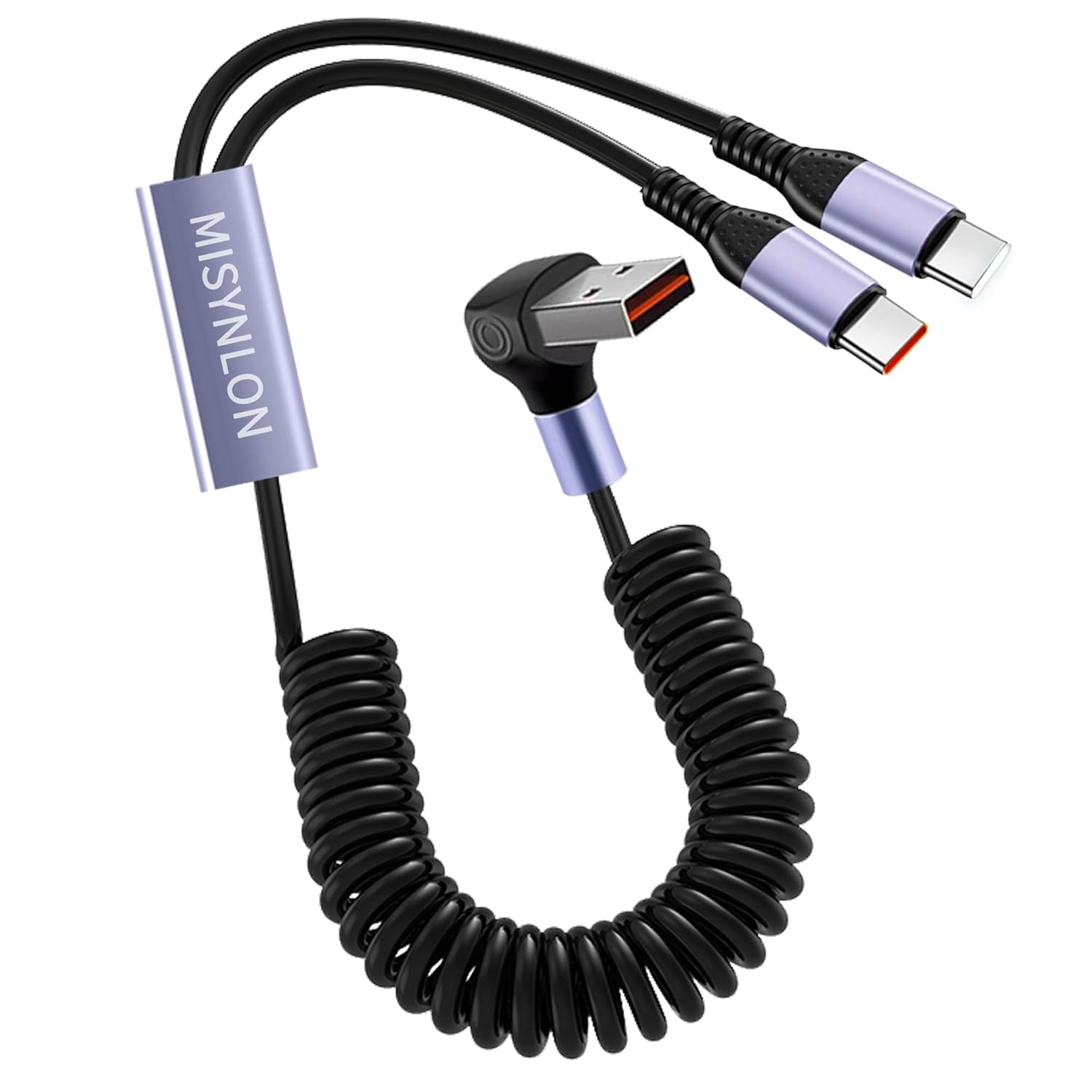 HRTGFD-Coiled USB C Splitter Cable, 90Degree USB A to Dual USB C Fast Charging Cable Multi 2 in 1 Type C Spring Cord Data Sync, for IP 15/16 S23/S22/S20 Laptop,and Type C Devices-5.9Ft