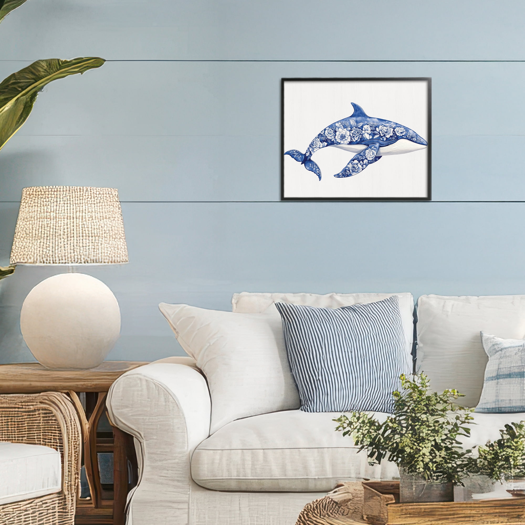 Floral Toile Whale Black Framed Giclee Art, design by Lettered and Lined