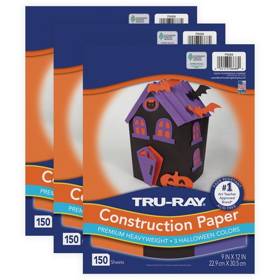 Tru-Ray Construction Paper, Heavyweight, Halloween Assortment, Black, Orange, Purple, 9" x 12", 150 sheets Per Pack, 3 Packs