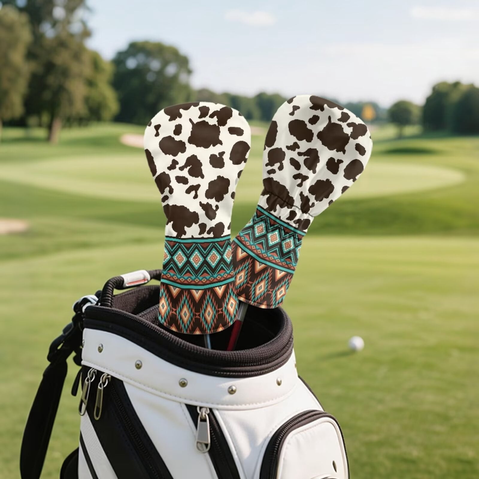 Uorisanigo Golf Club Head Covers, 3Pcs Golf Club Headcovers Set with Soft Lining, Fairway Wood Head Cover, Aztec Cow Print Driver Headcover PU Waterproof Accessories Gift for Women Men
