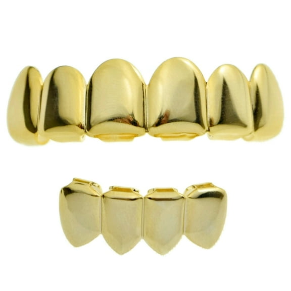 14k Gold Plated Grillz Set Six Top 6 Upper Teeth 4 Bottom Four Lower Plain Teeth Hip Hop Grills