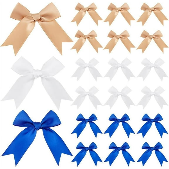 60Pcs Mini Satin Ribbon Twist Tie Bows 3 Colors Pretied Bows for Treat Bags Packaging Bows for Candies and Apples Treat Bows for Wedding Gift Wrapping DIY Decorations