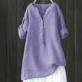thumbnail image 3 of Summer Plus Size Tops for Women V Neck 3/4 Roll Sleeve Casual Button Cotton And Linen Tunic Shirts Solid Color Loose Blouses Purple L, 3 of 3