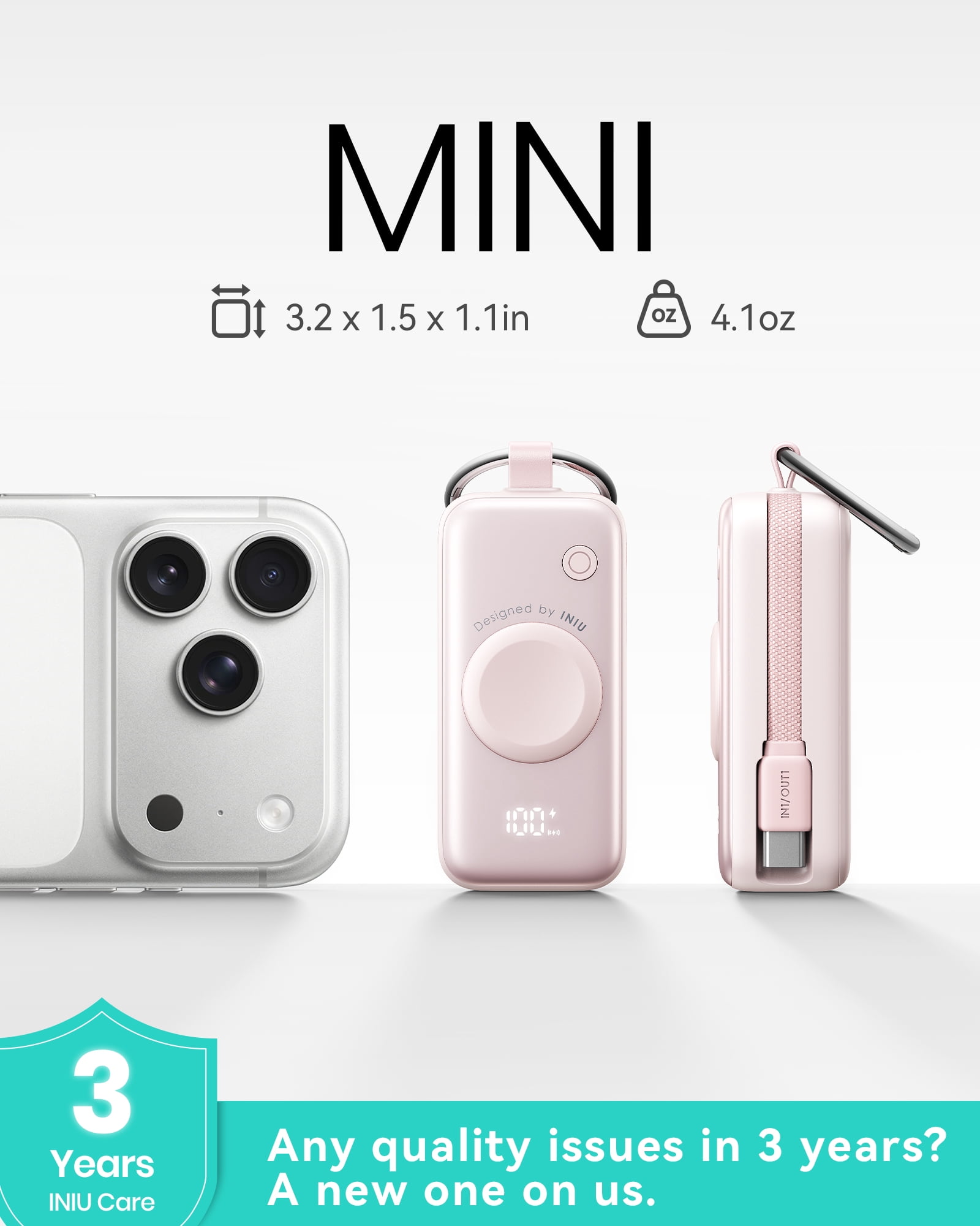INIU 3-in-1 Portable Charger, Small 5000mAh Wireless Power Bank with Built-in Cable for Apple Watch 10/9/8/Ultra2/Ultra/SE, iPhone 17/16 etc, Pink