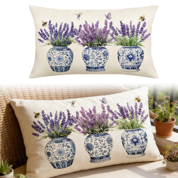 MKHSQHDG Today's Deals Decorative Cover 12X20 Inches Summer Style with Purple Floral and Pattern for Outdoor Living Room Garden Sofa