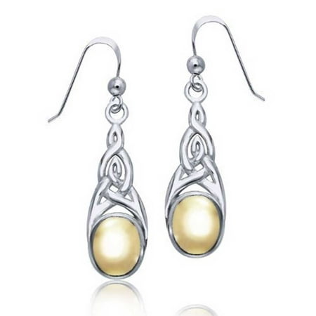 Love Knots Sets Earrings (Two Tone Celtic Irish Love Knot Work Bezel Set Fish Hook Dangle Earrings For Women Gold Plated 925 Sterling)