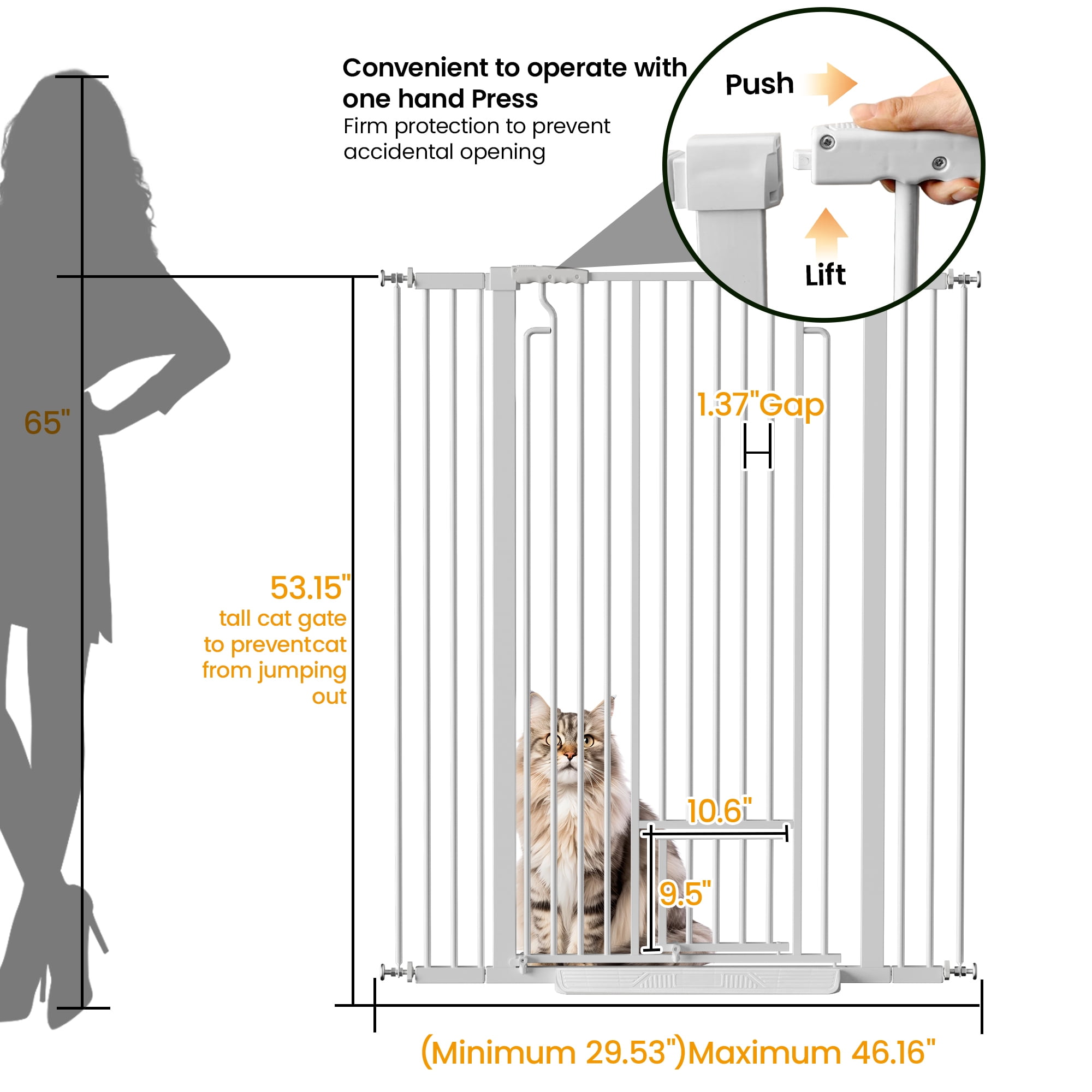 YIYADO 53.15" Extra Tall Cat Gate, 29.53"-40.16" Adjustable Pressure Mounted Pet Gate with Small Cat Door, Auto-Close Safety Gate for Cats & Dogs, White