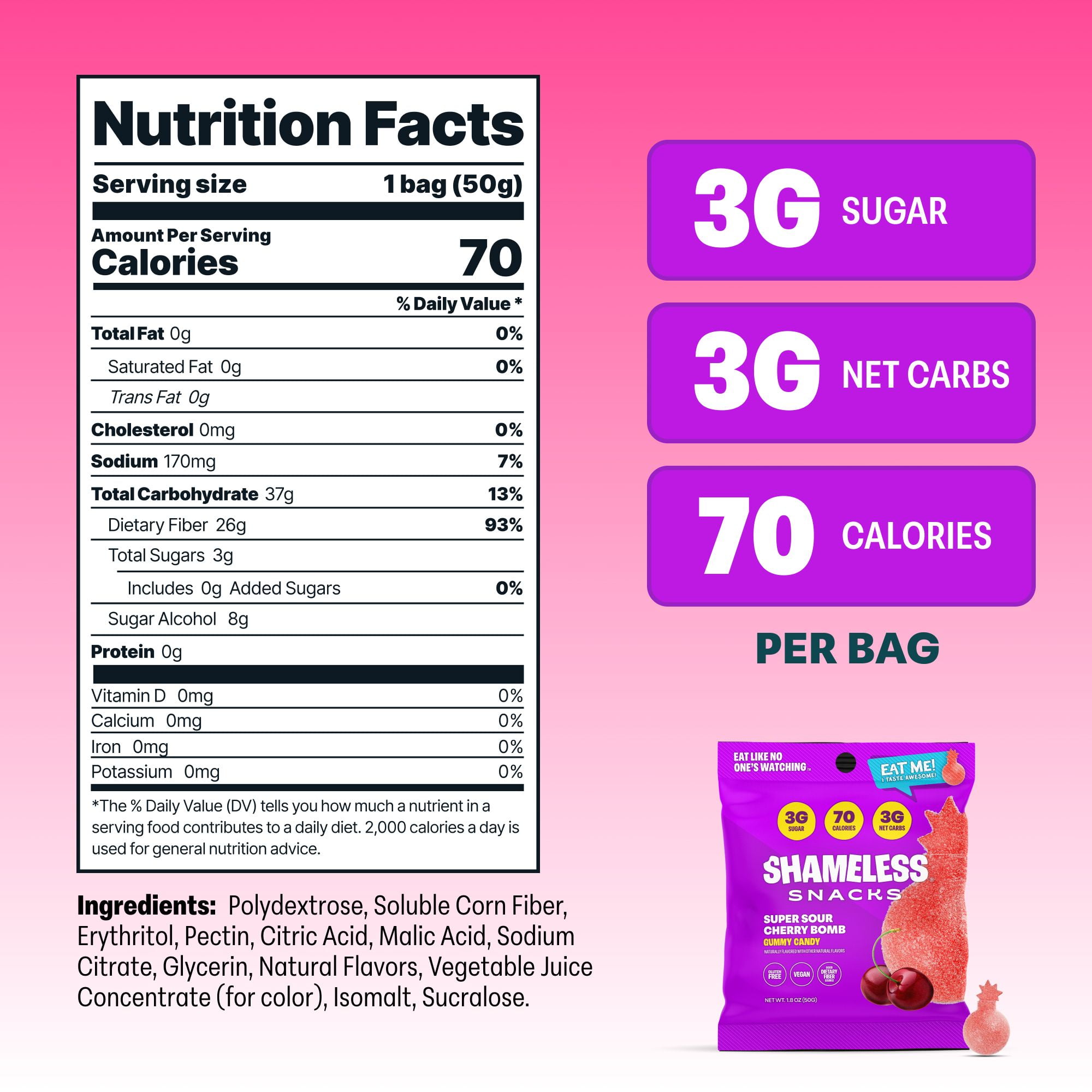 Shameless Snacks Sour Cherry Bomb - Sour Candy & Fruit Snacks, Cherry Gummy Candy, Keto Snacks Low Sugar Candy in Bulk, 3g Sugar Gluten Free Vegan for Kids & Adults