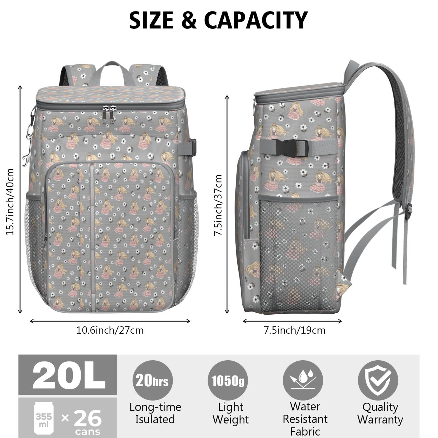 Travel Cooler Bag - Flower Princess Pattern Camping Beer Cooler Backpack with Bottle Opener- Waterproof Insulated Picnic Backpacks - Cooler Bag for Beach