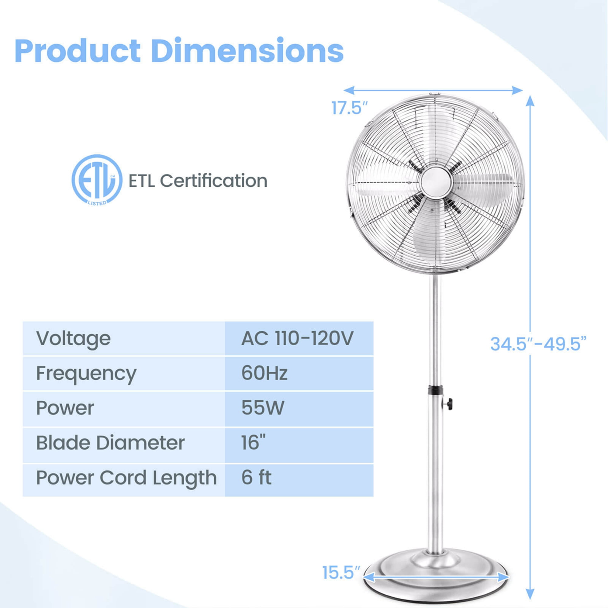 Costway 16" Standing Pedestal Fan with 3 Speed Settings Carrying Handle Aluminum Blades Silver