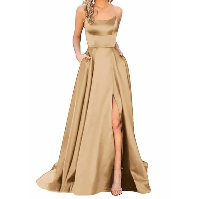 WILLBEST Robe Fleurie Robes de Bal Dames Longue Femmes Dos Nu Longues Robescrisin Satin à Bretelles Spaghetti Robe de Fête de Bal Fente Latérale Robe de Soirée de Mariage avec Poches