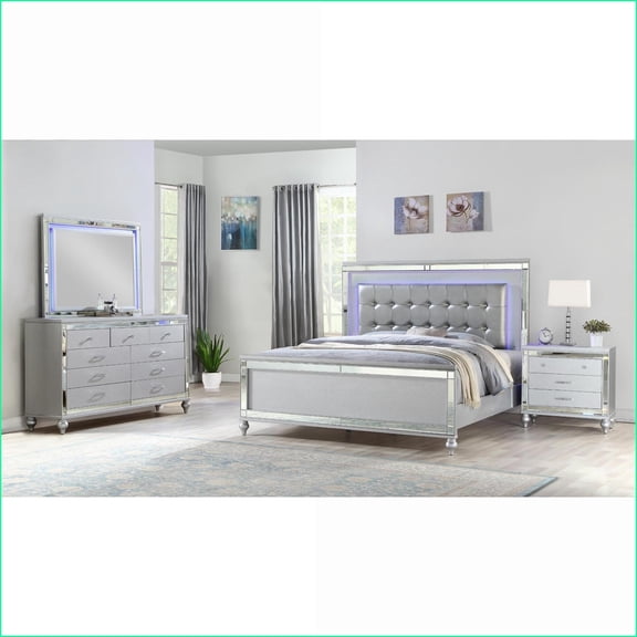 Bedroom Set King 4 PC with LED Lights, Matte Silver Wood | Wood | Double Dressers