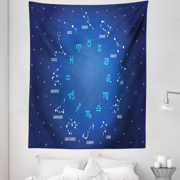Zodiac Tapestry, Horoscope and Constellations with Stars in Night Sky Blue Tones Ombre Effect, Fabric Wall Hanging Decor for Bedroom Living Room Dorm, 5 Sizes, Multicolor, by Ambesonne